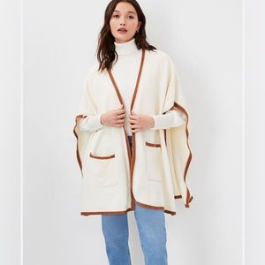 Ann Taylor Open Front Poncho with Patch Pockets Trimmed in Camel